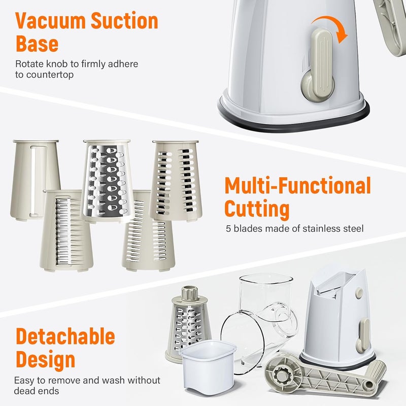 SpaceHacks Rotary Cheese Grater Hand Crank with 5 Interchangeable Blades, Vegetable Slicer Chopper for Fruit Vegetable Nuts, Mandoline Slicer for Kitchen with Blades Rack & Suction Base, White - Image 5